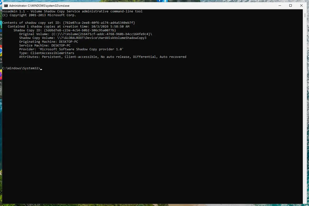 Command Prompt running vssadmin list shadows